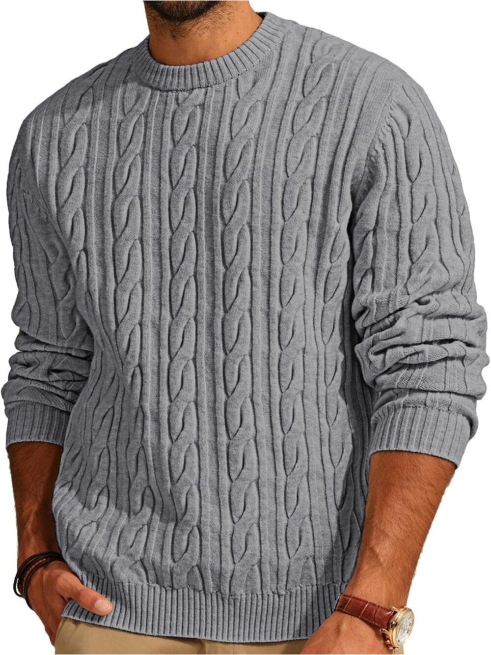 🆕Men Dark Grey Cable Knit Crewneck Pullover Sweater Twist Textured Knit Casual